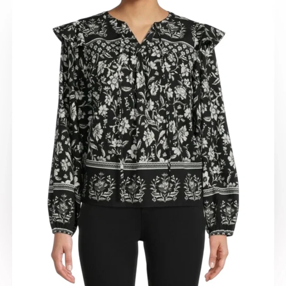Time‎ and Tru Top Womens Medium M Black White Long Sleeves Relaxed Fit NWT